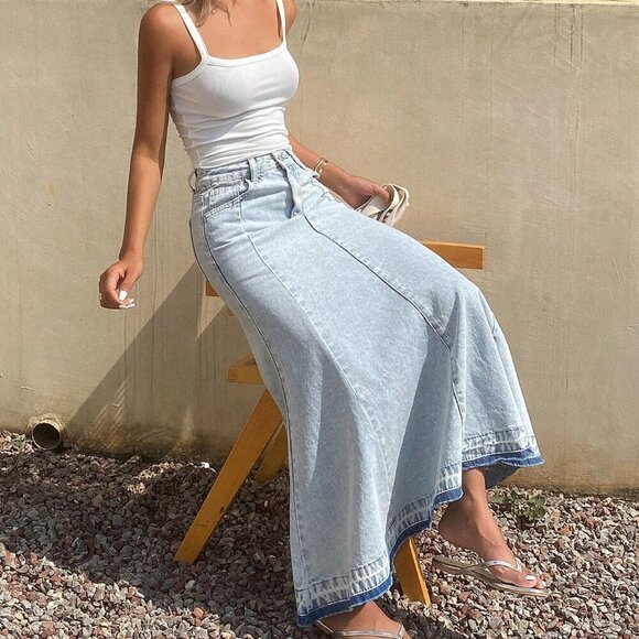 Light Wash Casual Women's Regular Waist Maxi skirt - Picture 2 of 6